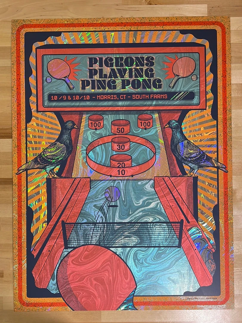 Foil Posters Pigeons Playing Ping Pong - 2020 Status Serigraph FOIL Poster Morris, CT