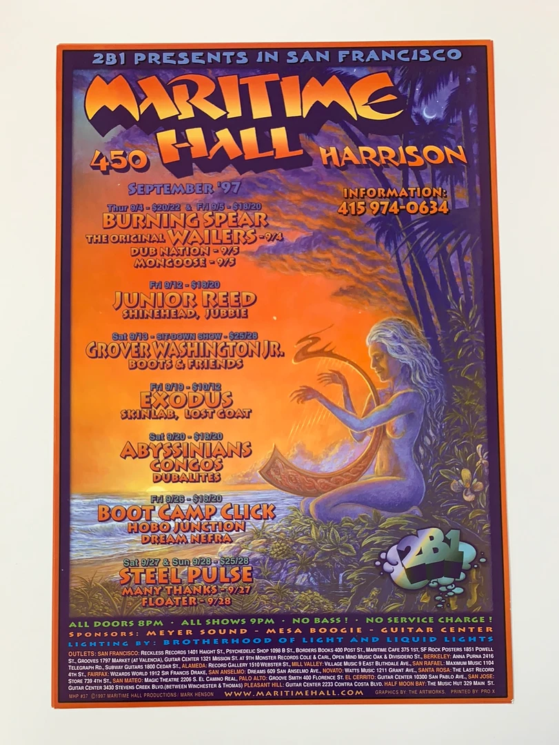 Sold Out Posters MHP 37 Maritime Hall - 1997 Poster September Wailers, Exodus San Fran 1st Gig Posters