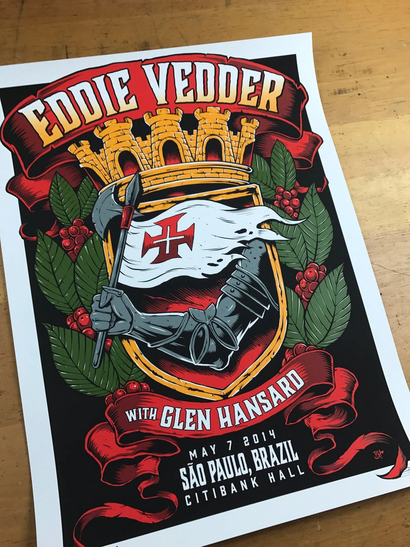 Gig Posters Eddie Vedder - 2014 Brandon Heart Poster Sao Paulo, Brazil Citibank Hall S/N
