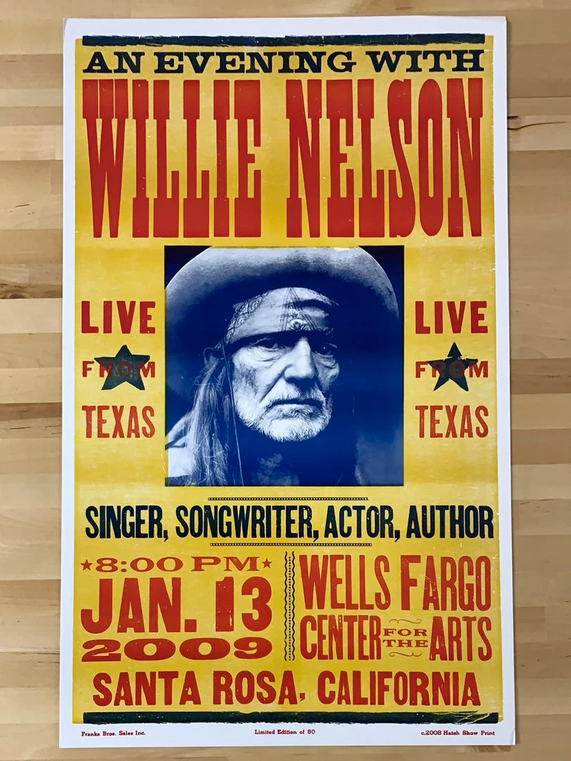 Willie Nelson - 2009 Hatch Show Print 1/13 Poster Santa Rosa, CA Gig Posters
