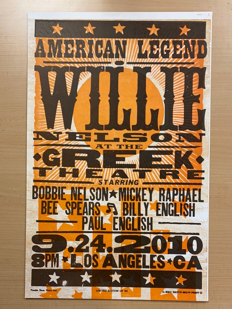 Willie Nelson - 2010 Hatch Show Print 9/24 Poster Los Angeles, California Gig Posters