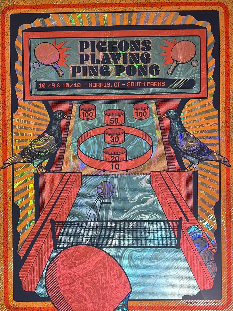 Foil Posters Pigeons Playing Ping Pong - 2020 Status Serigraph FOIL Poster Morris, CT